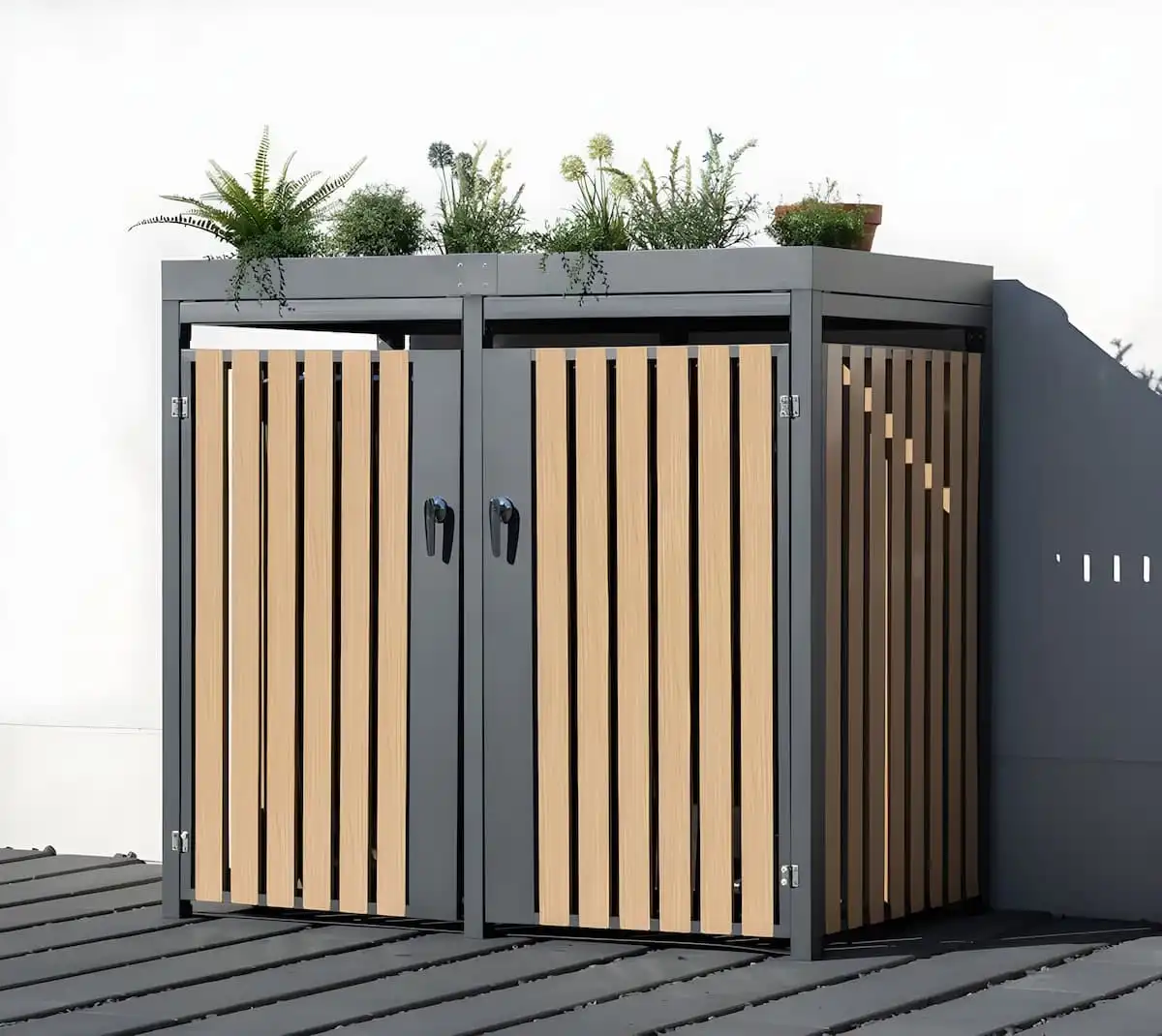 Cache poubelle double avec bac jardinière  Cache poubelle double avec bac jardinière