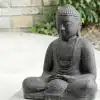 Bouddha assis en pierre reconstituée - Statue artisanale, Gris L.71 x H.82cm