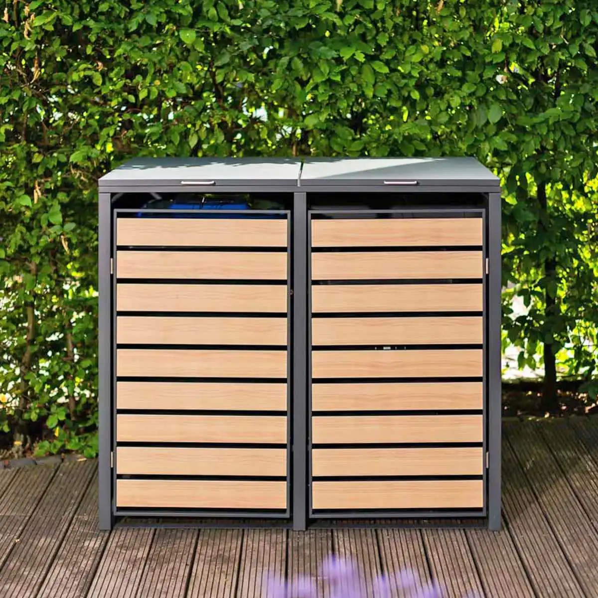 Cache poubelle extérieur double en métal imitation bois  Cache poubelle extérieur double en métal imitation bois