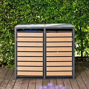 Cache poubelle extérieur double en métal imitation bois