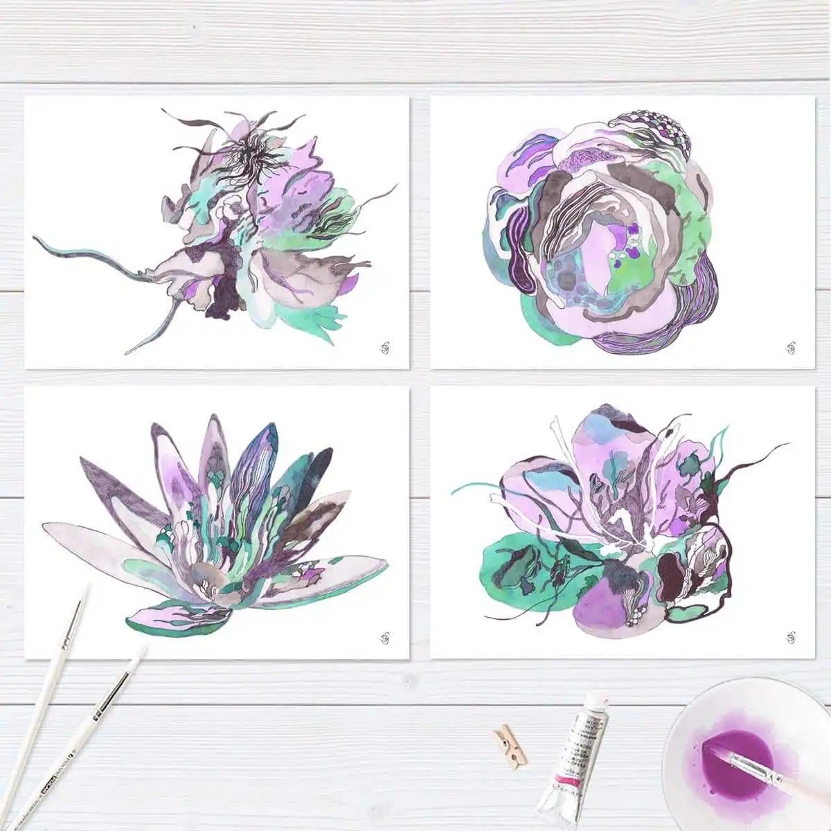 Cartes de voeux florales, création artistique - lot de 4  Cartes de voeux florales, création artistique - lot de 4