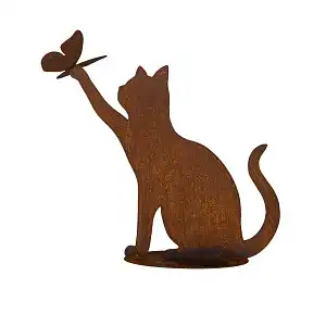 Silhouette chat attrapant un papillon en métal rouillé