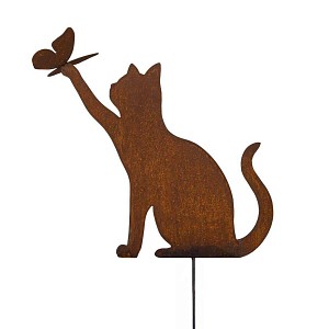 Silhouette chat attrapant un papillon en métal rouillé - Sur pique