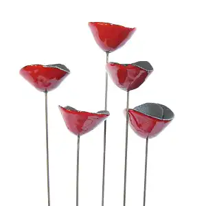 Coquelicots rouge en céramique sur tige - Diam.5cm - lot de 5
