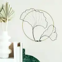 Décoration murale artisanale, feuilles de Ginkgo en fil métallique et cerclé doré, diam. 20cm