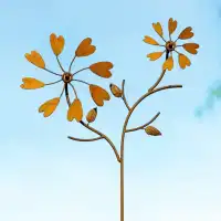 Éolienne de jardin en fer rouillé L.55 x H.117cm - Double hélice coeurs