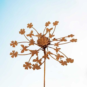 Éolienne de jardin en fer rouillé H.145cm - Fleurs et papillons