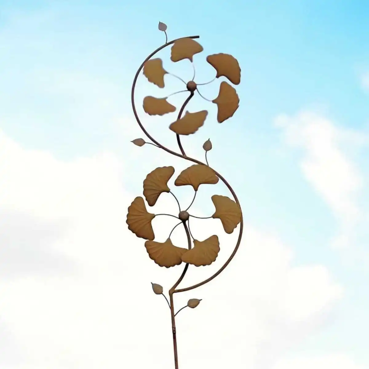 Éolienne de jardin en fer rouillé H.190 cm - Double hélice ginkgo  Éolienne de jardin en fer rouillé H.190 cm - Double hélice ginkgo