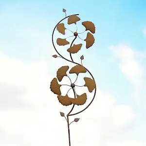 Éolienne de jardin en fer rouillé H.190cm - Double hélice ginkgo