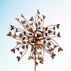Éolienne de jardin en fer rouillé D.60 x H.185 cm - Double papillons  Éolienne de jardin en fer rouillé D.60 x H.185 cm - Double papillons
