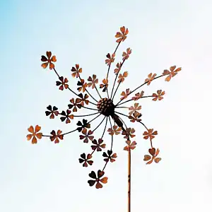 Éolienne de jardin en fer rouillé D.50 x H.156cm - Fleurs d'hortensia