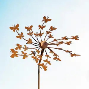 Éolienne de jardin en fer rouillé D.53 x H.160 cm - Papillons