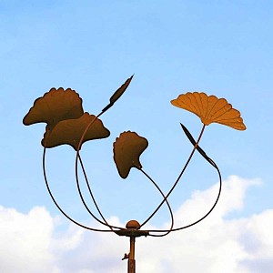 Éolienne de jardin en fer rouillé D. 60xH.170cm - Tulipe ginkgo