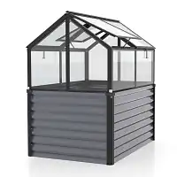 Carré potager surélevé avec serre amovible - Aluminium noir et verre trempé L.127 x l.89 x H.135cm