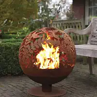 Brasero rond en métal rouillé - décor floral