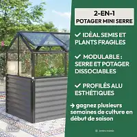Carré potager surélevé avec serre amovible - Aluminium noir et verre trempé L.127 x l.89 x H.135cm