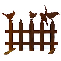 Clôture déco et silhouette oiseaux en métal rouillé, sur socle - Long. 120cm
