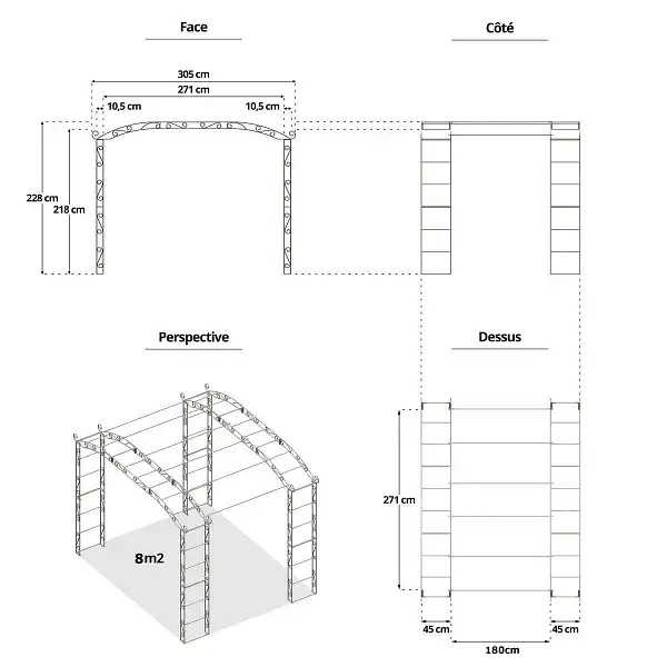 dimensions kiosque tonnelle elargi 8m2