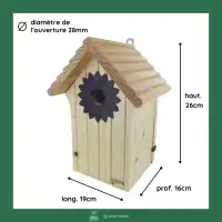 Nichoir pour mésange bleue en bois, trou d'envol 28mm - L.19 x H.26cm