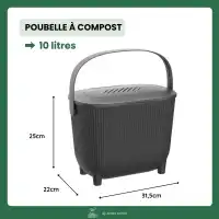 Poubelle à compost anti odeur pour cuisine 10L avec filtre charbon, Gris anthracite - L.31,5 x l.22 x H.25cm