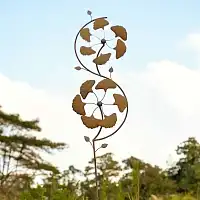 Éolienne de jardin en fer rouillé H.190 cm - Double hélice ginkgo  Éolienne de jardin en fer rouillé H.190 cm - Double hélice ginkgo