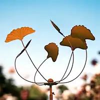 Éolienne de jardin en fer rouillé H.170 x D.60 cm - Tulipe ginkgo  Éolienne de jardin en fer rouillé H.170 x D.60 cm - Tulipe ginkgo