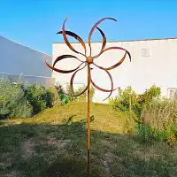 Éolienne de jardin en fer rouillé D.55 x H.195 cm - Feuilles de saule