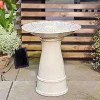 Fontaine de jardin solaire sur pied en céramique avec LED - Blanc cassé - D.40 x H.44,5 cm