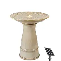 Fontaine de jardin solaire sur pied en céramique avec LED - Blanc cassé - D.40 x H.44,5 cm