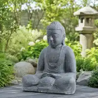 Bouddha assis en pierre reconstituée - Statue artisanale, Gris L.71 x H.82cm