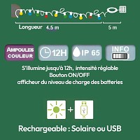 Guirlande multicolore - 10 ampoules - recharge solaire et USB - L. 4.5 m