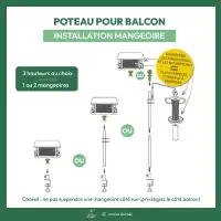 Poteau de balcon pour fixation mangeoire ou nichoir oiseaux - 6 positions possibles
