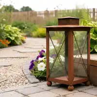 Lanterne décorative carrée en métal rouillé - L.24 x l.24 x H.36,5cm