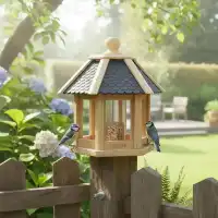 Mangeoire à oiseaux en bois éco-conçue Gazebo, toit imitation tuiles L. 29 x H. 32cm