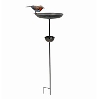 Mangeoire à oiseaux sur pied surmontée d'un rouge-gorge - L.32 x l.24 x H.109cm