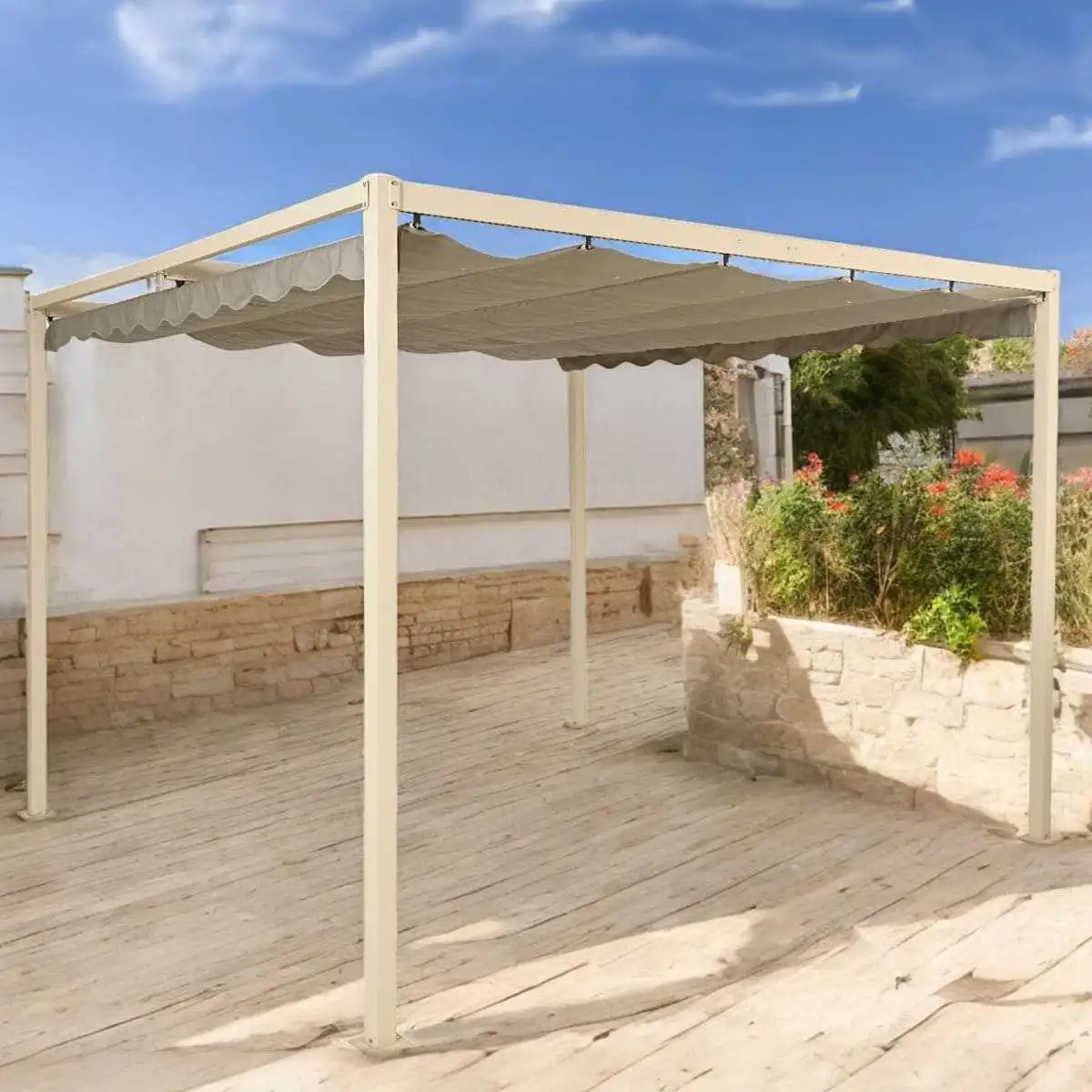 Pergola Aluminium Rétractable 4x3m - Toile Polyester Imperméable Anti-UV - Beige - Pour Terrasse, Jardin