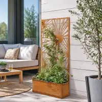Jardinière avec treillis brise-vue décoratif en métal rouillé