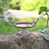 Bain d'oiseau ancien en fonte deux oiseaux - Mangeoire et abreuvoir