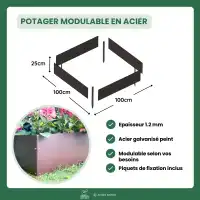 Kit potager carré en acier L.100 x l.100 x H.25cm - Gris