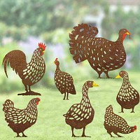 Silhouette poule picore sur tige en acier corten - 27 cm