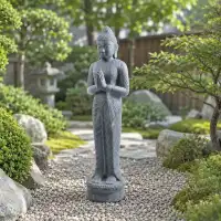 Statue de bouddha debout en pierre reconstituée - Fabrication artisanale L.37 x H.116cm