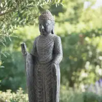 Statue bouddha debout Abhaya mudra en pierre reconstituée - Fabrication artisanale L.42 x H.152cm