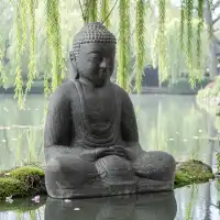 Bouddha assis en pierre reconstituée - Statue artisanale, Gris L.71 x H.82cm