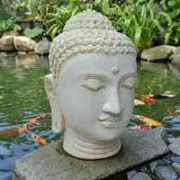 Tête de Bouddha en pierre reconstituée - Statue artisanale, Beige D.72 x H.100cm