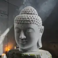 Tête de Bouddha en pierre reconstituée - Statue artisanale, Gris D.72 x H.100cm