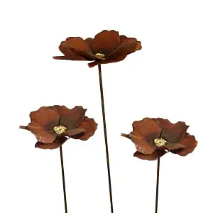 Coquelicot à planter en métal rouillé - lot de 3 - Diam 15cm x2 + Diam 20cm x1