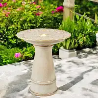 Fontaine de jardin solaire sur pied en céramique avec LED - Blanc cassé - D.40 x H.44,5 cm