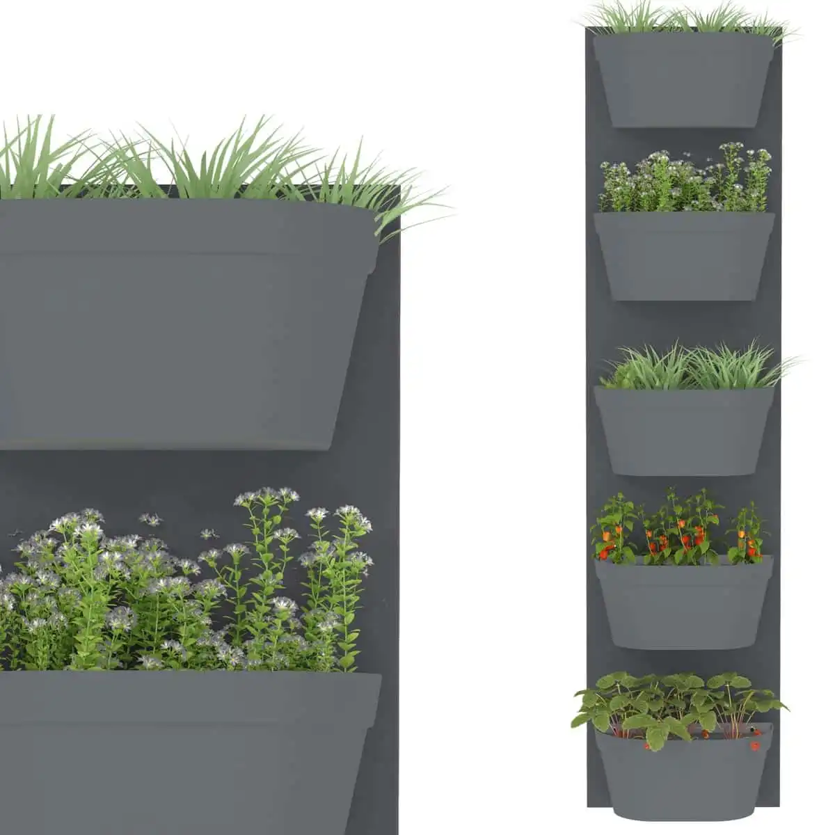 Jardin vertical 5 bacs, fond gris foncé bac anthracite  Jardin vertical 5 bacs, fond gris foncé bac anthracite