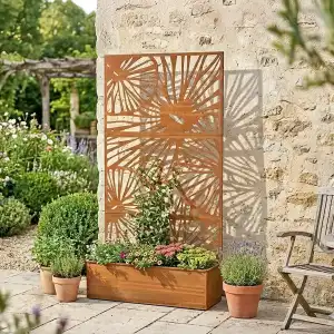 Jardinière avec treillis brise-vue décoratif en métal rouillé - L.92 x l.32 x H.173cm
