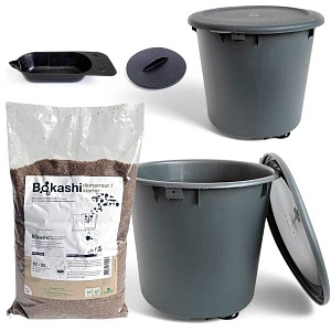 Bokashi Box Composteur de cuisine 10L - 1er prix - Lot de 2 seaux gris + 1 sac de son + pressoir + récupérateur de jus - D.26 x H.30,5 cm - Fabriqué en France